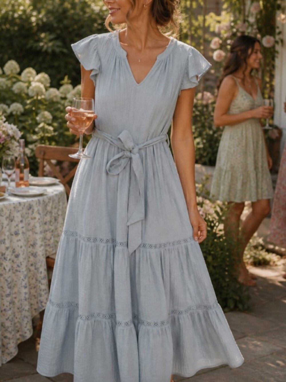 Magaschoni Light Blue Organic Cotton Maxi Dress Sz M Beachy Gauzy Boho Party